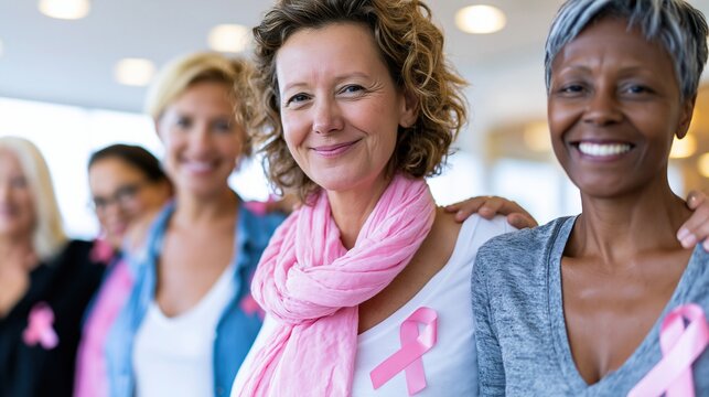 Group of five women supporting breast cancer awareness