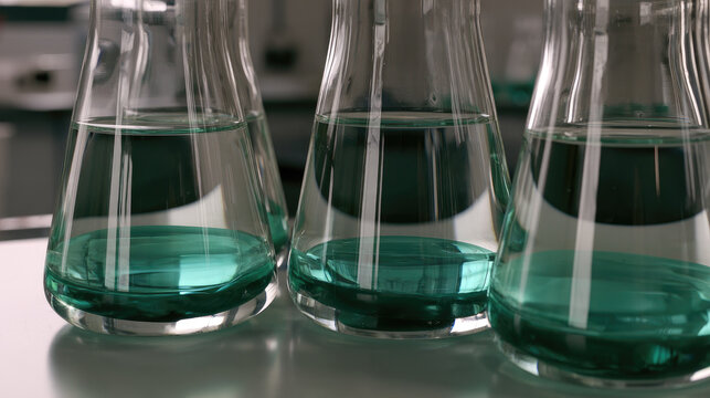 Heavy metal precipitation process showing glass laboratory flask with dense bluish green hydroxide precipitate and clear treated water under neutral illumination, creating precise scientific mood