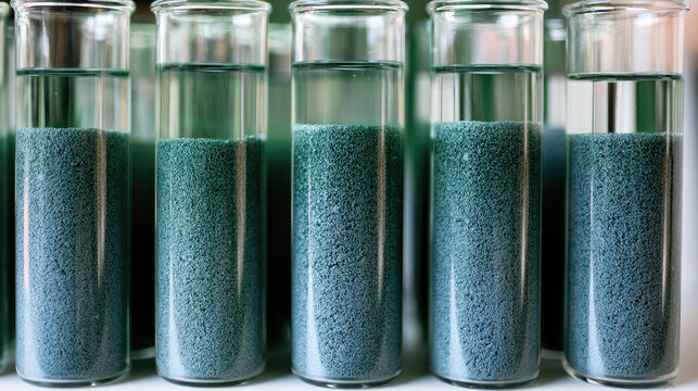 Heavy metal precipitation process showing glass laboratory beaker with dense blue green hydroxide sediment and clear treated water under bright illumination