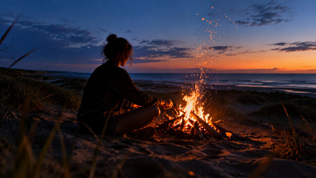 Young woman tending campfire on sandy beach at twilight with ocean sunset