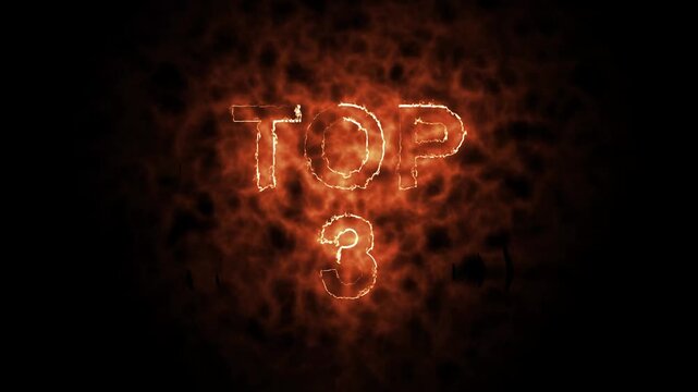 Top 3 Word Hot Animated Burning Realistic Fire Flame and Smoke Seamlessly loop Animation on Isolated Black Background.