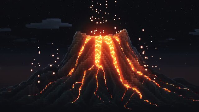 Pixel Art Volcano Lava Flow Night Seamless Loop