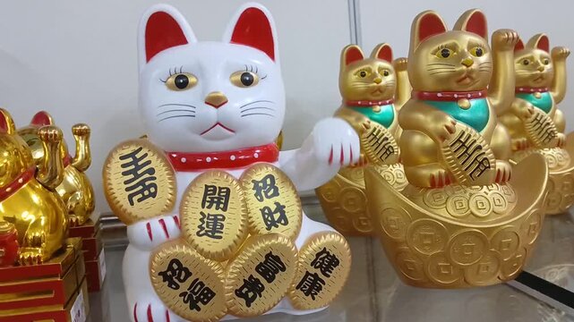 
*TITLE:*
Multiple Maneki Neko Lucky Cats Display

*DESCRIPTION:*
Collection of Maneki Neko lucky cat figurines, white and gold, waving arms and holding gold ing