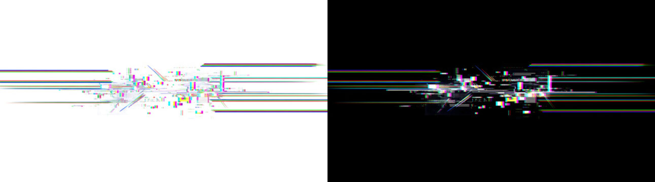 Glitch effect with distorted RGB pixel lines available in PNG, Transparent and Black Background Versions for designs