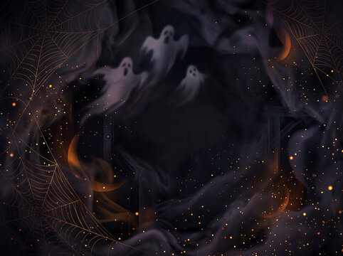Halloween ghost frame with spider webs and dark smoke for spooky