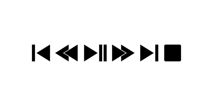 Black media player controller buttons row on transparent background.