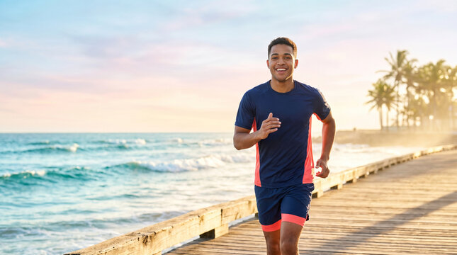 A smiling man jogs along a wooden pier with ocean and palm trees