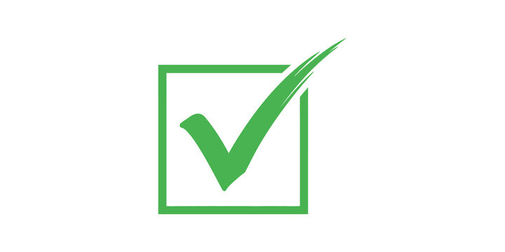Green tick mark inside square border for success approval concept.