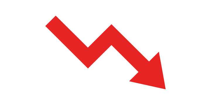 Red zigzag arrow pointing down for decrease and financial loss trend.