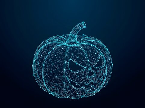Glowing blue digital wireframe pumpkin for halloween technology theme