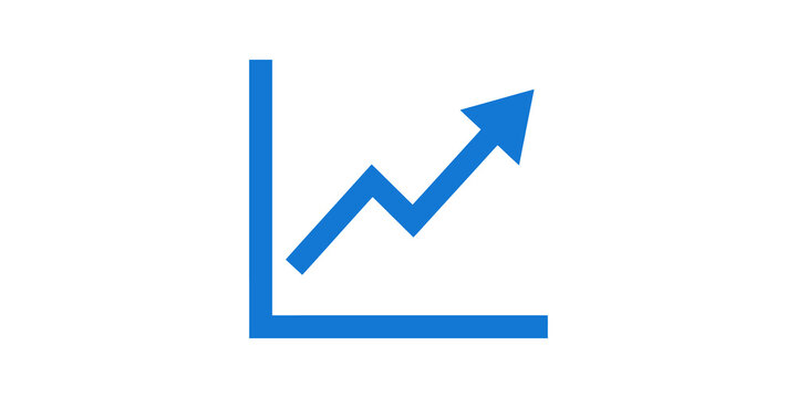 Blue financial growth chart with rising arrow and grid axes flat art.