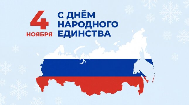 National Unity Day celebration banner with a stylized map of Russia featuring a waving tricolor flag texture