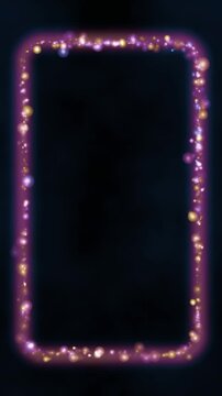 Light particles gathering into a frame border then dispersing again on black background, overlay element in soft spectrum tones vertical 9:16