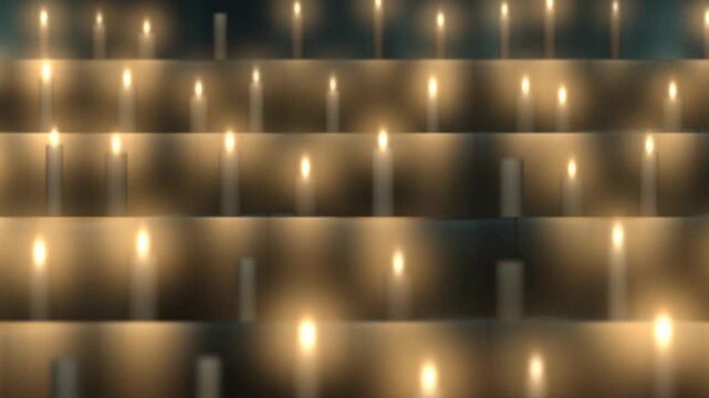 Rows of Glowing Candles on Stone Steps at Night, Sideways Camera Pan With Depth Parallax, Seamless Loop in calm teal tones