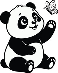 Cute baby panda bear sitting and playing with butterfly line art cartoon vector isolated on white background © Labib