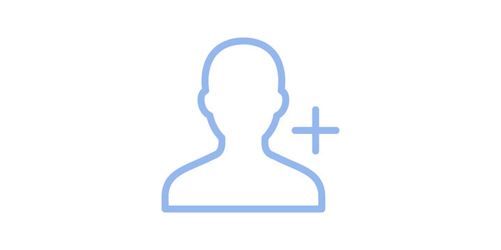 Blue outline user profile icon with add friend plus symbol design art.