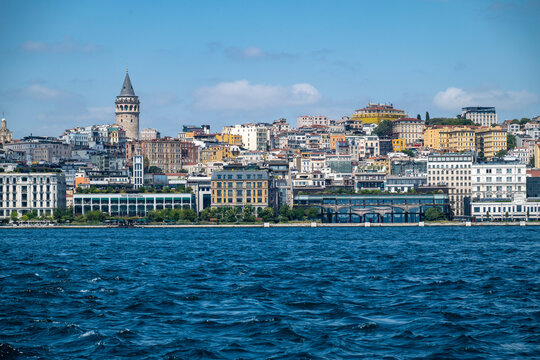 Istanbul cityscape and historic galata tower standing prominently above the diverse architecture along the bosphorus strait