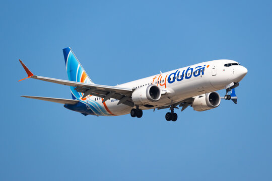 Flydubai Boeing 737 MAX 8 (A6-FKK) arriving at Dubai International Airport on November 23, 2025 in Dubai, UAE