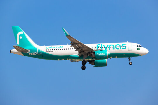 Flynas Airbus A320 NEO (HZ-NS48) arriving at Dubai International Airport on November 23, 2025 in Dubai, UAE