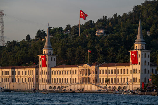 Kuleli military high school building with turkish flags along the bosphorus strait, reflecting national pride and historical education