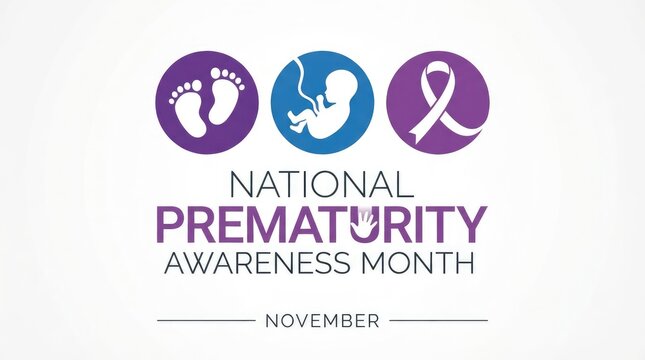 National prematurity awareness month in november with baby feet, fetus, and purple ribbon icons world prematurity day