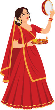 Indian Married Woman Celebrating Karwa Chauth Hindu Festival Holding Sieve Vector Illustration 