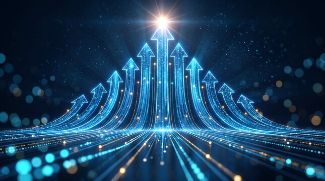 Multiple glowing digital arrows converging upwards toward a bright peak representing collective business success