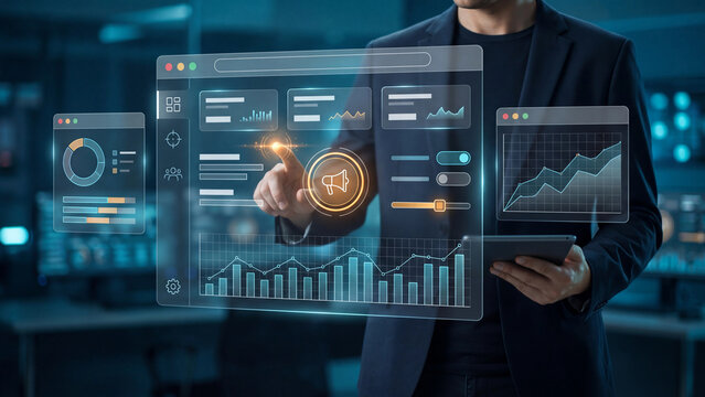 Marketing specialist working with advertising campaign dashboard, analytics charts and media planning UI