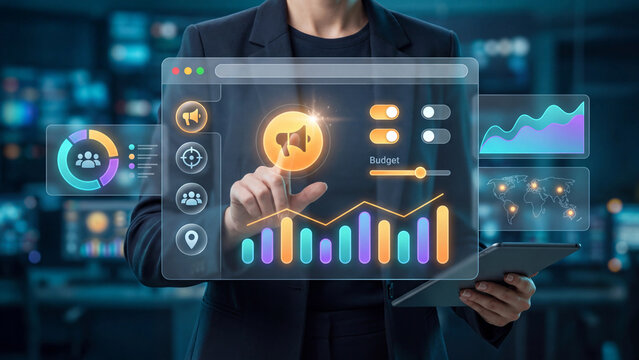 Business marketer optimizing ad performance, budget control and marketing campaign settings on futuristic digital screen
