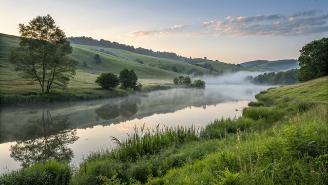 Peaceful misty lake at sunrise with rolling green hills and calm morning light