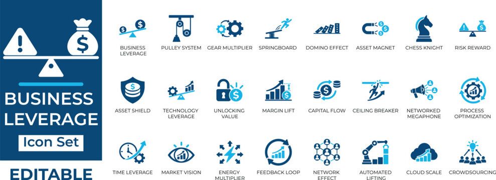 Business leverage icon set. Containing pulley system, domino effect, risk reward, capital flow and process optimization icons. Solid icon collection.