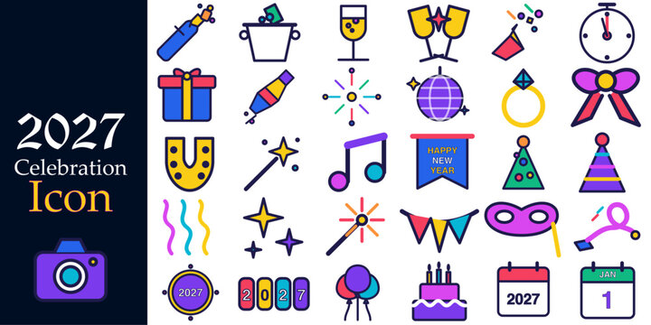 Colorful New Year and Party Celebration Vector Icons Set, Champagne Glasses, Party Hats, Birthday Cake, Gift Boxes and Calendar Festive Symbols Collection
