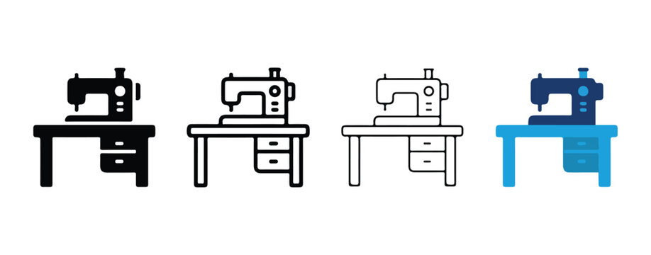 sewing machines illustrated in different styles on tables with transparent background for creative projects
