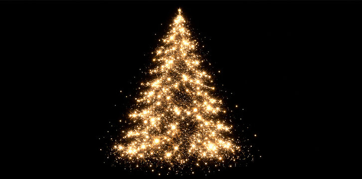 Golden glowing sparkle Christmas tree PNG overlay with radiant glitter lights