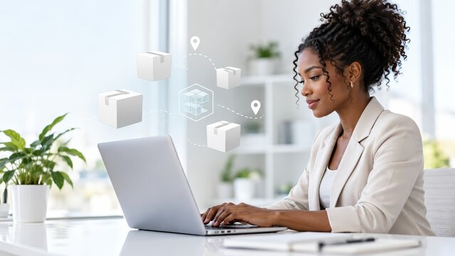 Professional businesswoman using laptop for digital logistics management and efficient global supply chain inventory tracking software