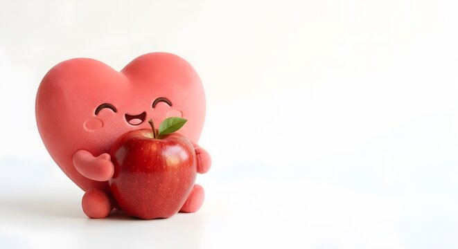 Anthropomorphic pink heart figure holding a shiny red apple
