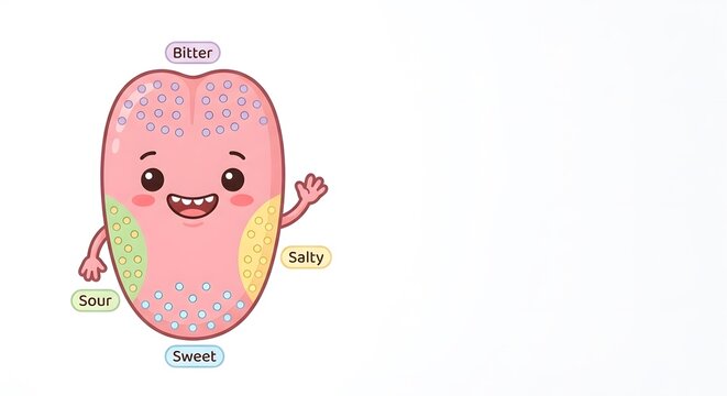 Cartoon tongue character with labeled taste zones on white background