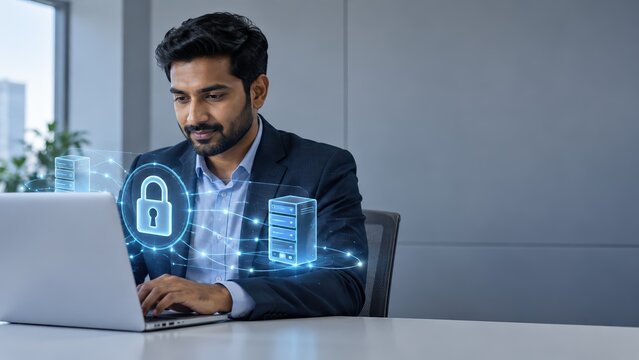 Professional businessman working on laptop with digital cyber security server data protection icons overlay visualization