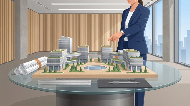 Corporate Architectural Scale Model Commercial Campus Masterplan Development Table with Physical Balsa Wood and Acrylic Office Towers on Glass Boardroom Exhibition Desk Vector Illustration