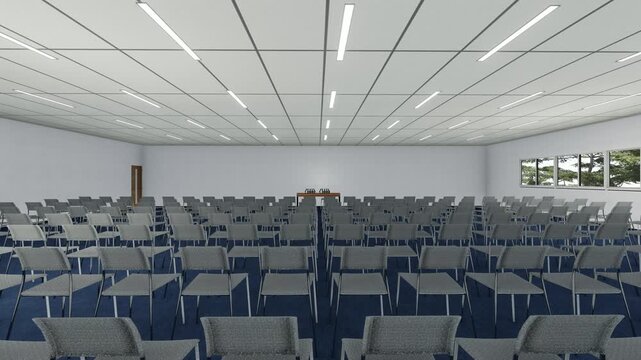 無人の記者会見場と演壇｜3DCGアニメーション