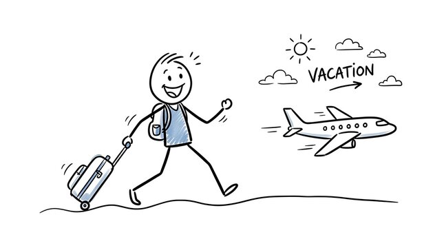 Happy stick figure man running with a suitcase and backpack toward an airplane for a summer vacation, hand-drawn doodle style illustration of a tourist traveling on a white background.