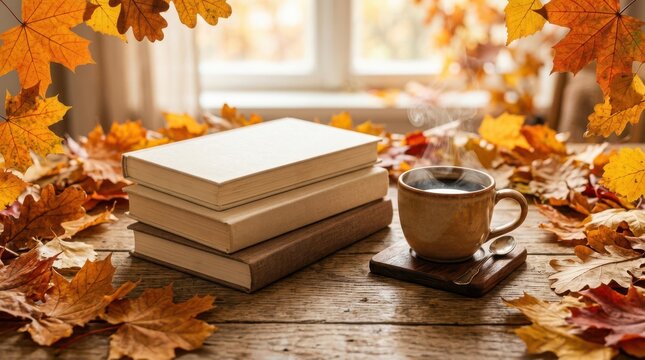 Stack of books and hot coffee mug on wooden table surrounded by autumn leaves