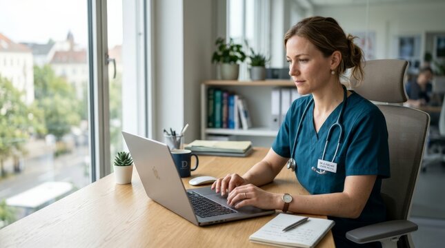 A focused female doctor in blue scrubs works late on a laptop at her desk, capturing the relatable moment of a tired nurse/doctor handling administrative duties in a bright office