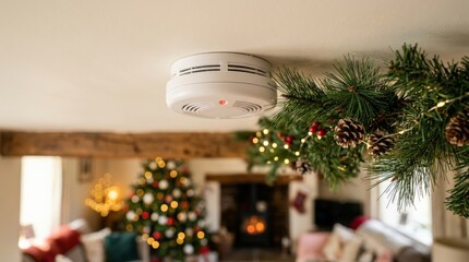 Obraz premium A close up of a white smoke detector mounted on a white ceiling with a Christmas garland decorated with pinecones and fairy lights hanging nearby, with a festive living room blurred in the