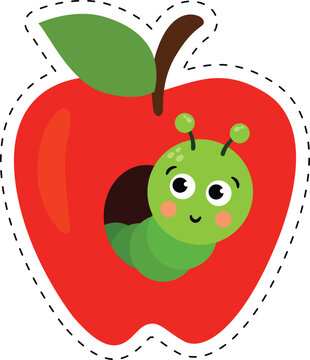 Cute Green Caterpillar Inside Red Apple