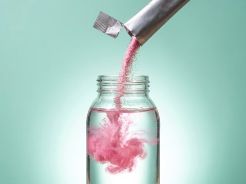 Beverage formulation pink powder dissolving in glass jar