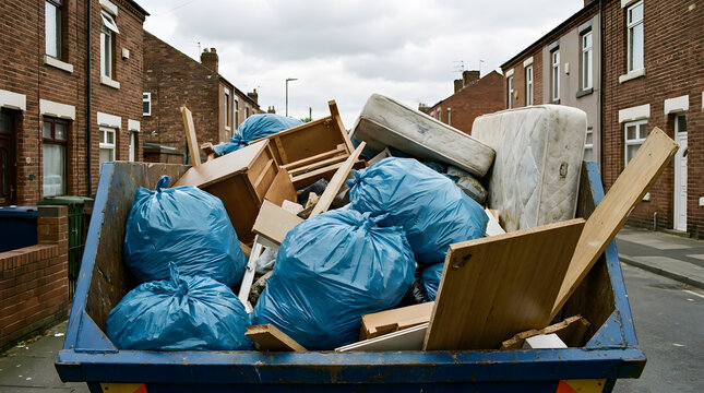 Overflowing Metal Trash Skip Container Loaded with Old Furniture and Garbage | Heavy Duty Waste Skip Bin Packed with Mattresses and Trash Bags | Bulk Household Waste Disposal and Rubbish Removal Skip