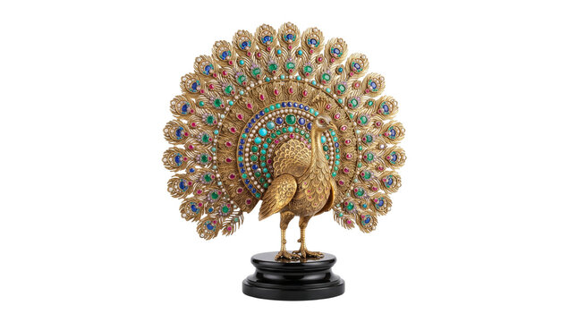 Golden jeweled peacock statue with gemstone embellishments, vintage metallic bird figurine, luxury ornamental table decor isolated PNG with Transparent Background