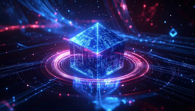 Abstract 3D rendering of a glowing holographic data cube surrounded by futuristic neon energy rings in a dark cybernetic digital space