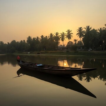 raditional wooden boat on calm river at sunset in rural Bangladesh